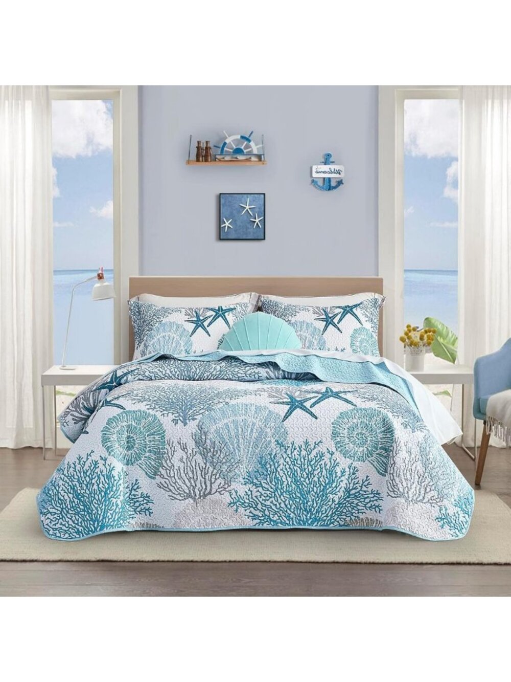 Coastal Twin Size Quilt Set - 2 Piece Bedding, Ocean Blue, Soft & Stylish